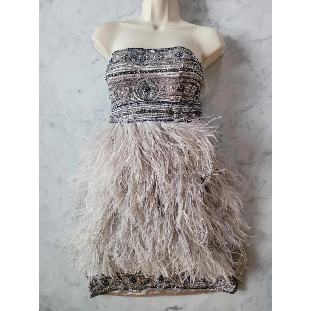 Sue Wong Mini Dress Ostrich Feather Beaded Strapless Angel Celestial Prom NWT 4
